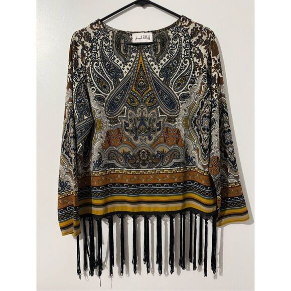 Jospeh Ribkoff Women’s Paisley Aztec Striped Fringe Blouse sz 8 Boho Artsy Indie - Picture 2 of 6
